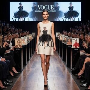 Favori‎ Vogue Graphic Print Sleeveless Shift Dress Cream Tan EU 42 US Large